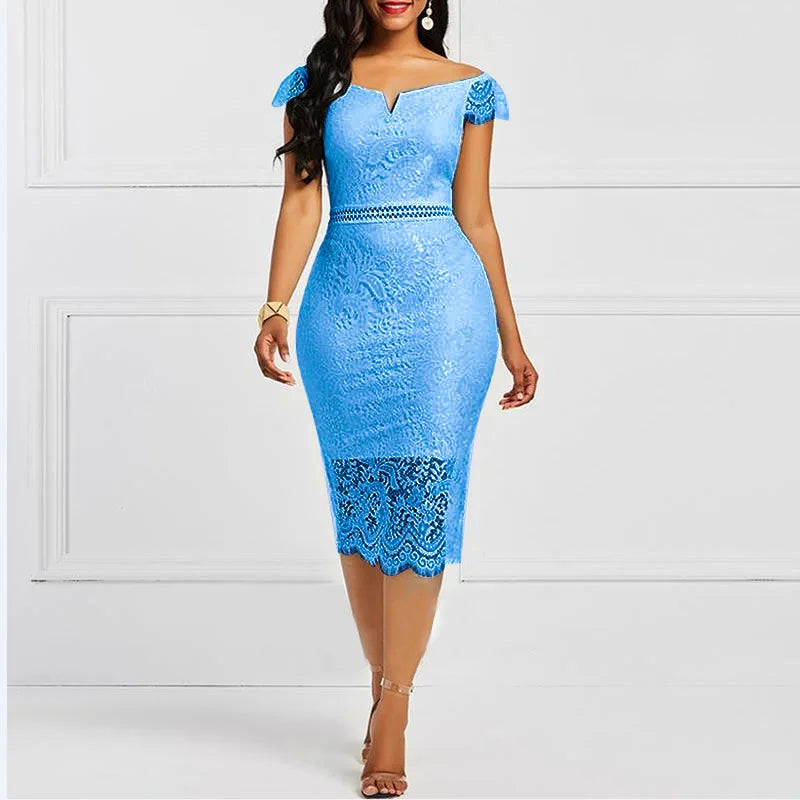 Sleeveless Off Shoulder Back Zipper Lace Slim Pencil Casual Party Evening Dress