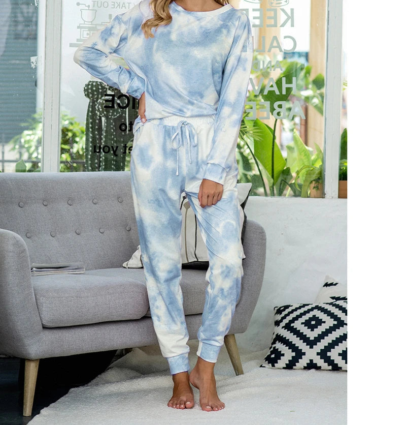 2 Piece Set Tie-Dye Printed Pajamas Long-Sleeved for Ladies