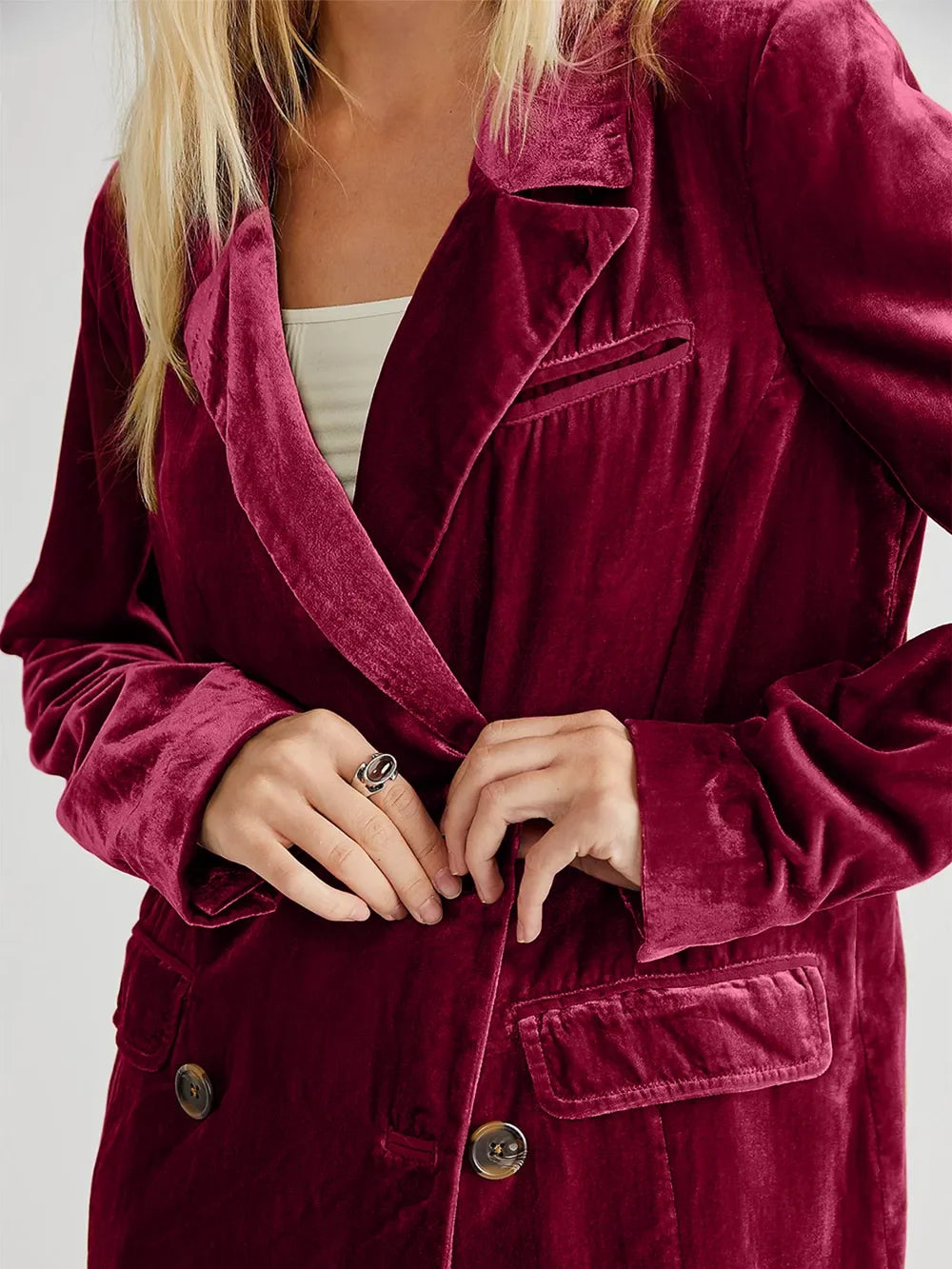 Lapel Collar Long Sleeve Blazer with Pockets - -