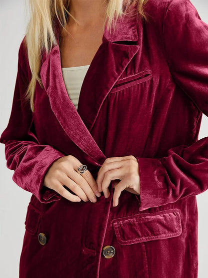 Lapel Collar Long Sleeve Blazer with Pockets - -