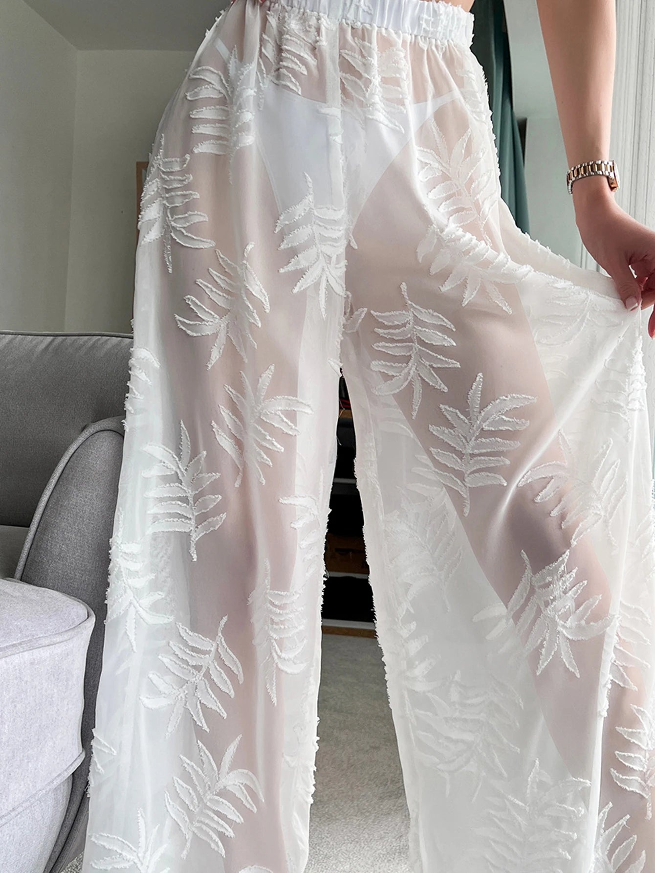 Swimsuit Cover Up Pants White Lace Leaf Print Pants