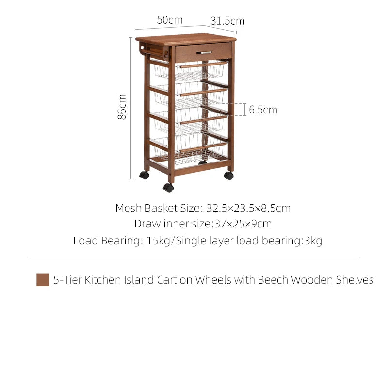 5-Tier Cart on Wheels Wooden Shelves, Lockable Utility Cart With Mesh Baskets