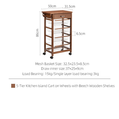 5-Tier Cart on Wheels Wooden Shelves, Lockable Utility Cart With Mesh Baskets Default Title