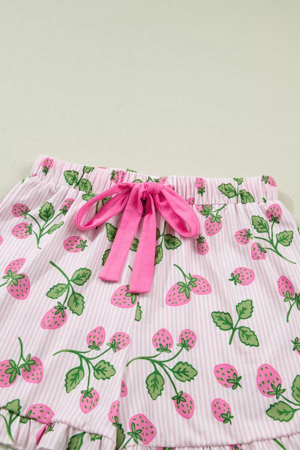 Striped Strawberry Print Lapel Shirt Drawstring Shorts 2pcs Pajama Set- Shopimist- {{Product type}}