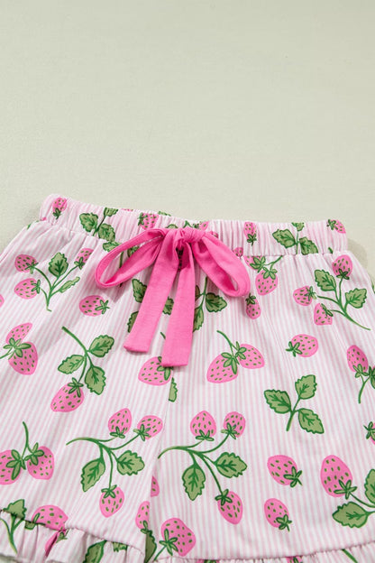 Striped Strawberry Print Lapel Shirt Drawstring Shorts 2pcs Pajama Set- Shopimist- {{Product type}}