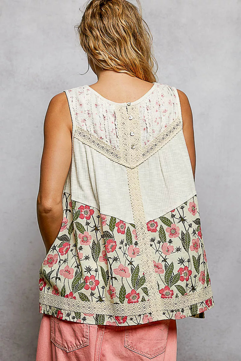 POL Lace Detail Floral V-Neck Tank - - Tank Top