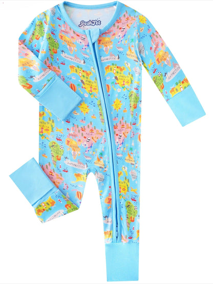 PoshTOT World Map Bamboo Baby Convertible Zippy Romper - - Zippy Romper