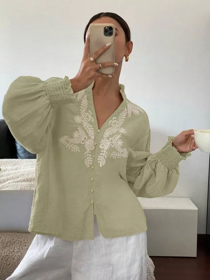 Embroidered Notched Long Sleeve Blouse - -