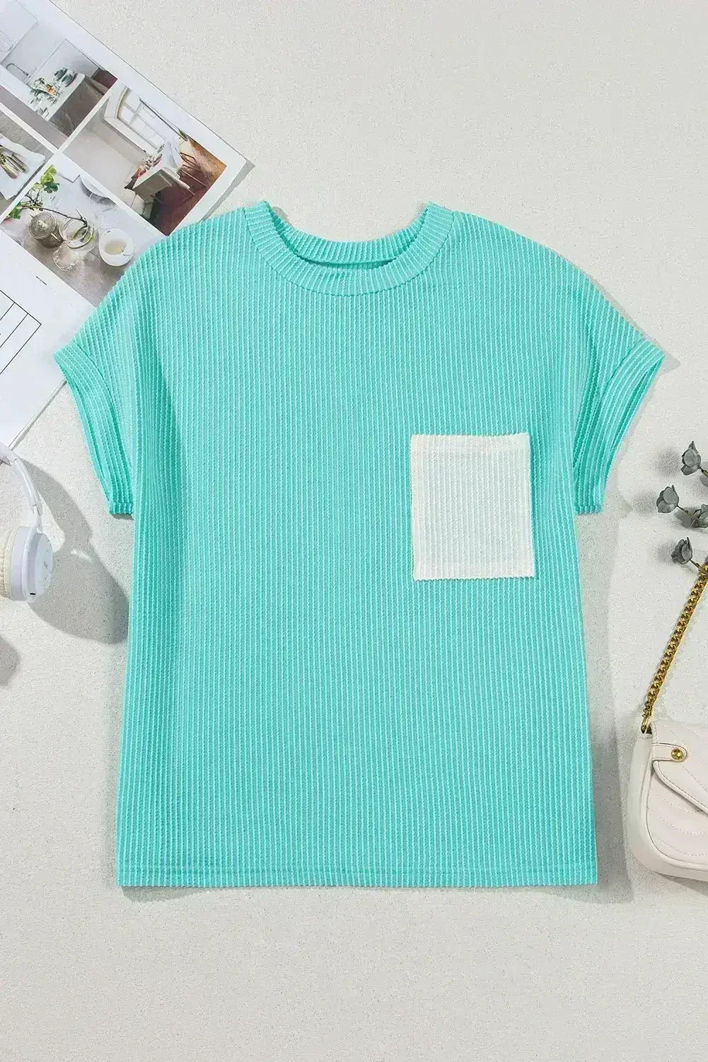 Pink Corded Colorblock Pocket Crew Neck T Shirt - - T Shirts