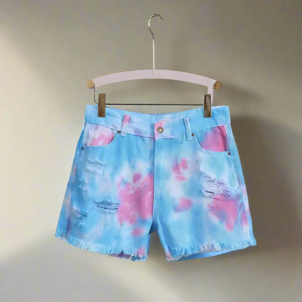 Medium Waist Light Washed Tie Dye Denim Shorts