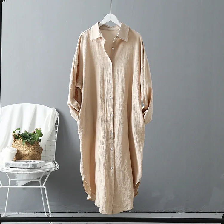 Women Casual Linen Cotton Loose Long Sleeve T Shirts Tops Midi Length Blouse