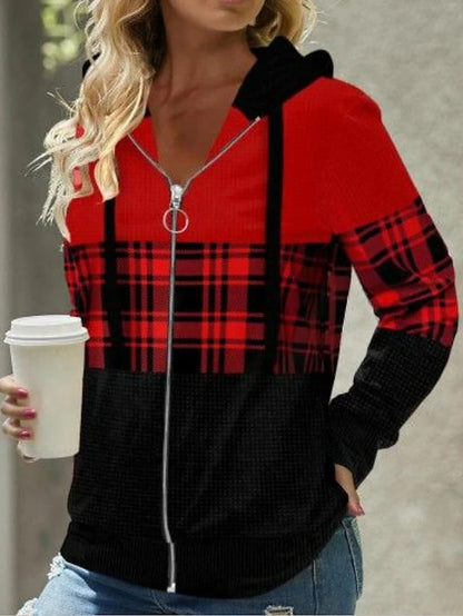 Loose Retro Hooded Zipper Sweatshirt - red 2XL - hoodie