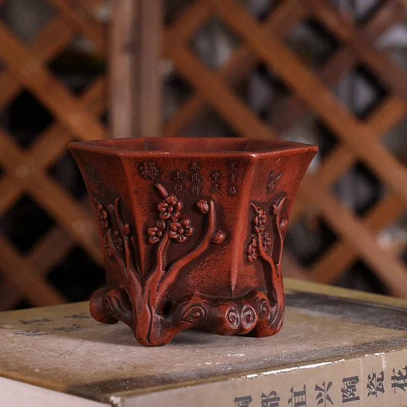 Purple Sand Plum Blossom Bonsai Pot – Carved Traditional Chinese Planter - - Planter