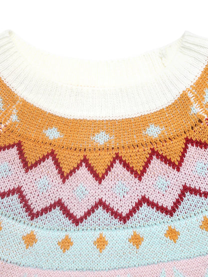 Geometric Round Neck Long Sleeve Sweater - -