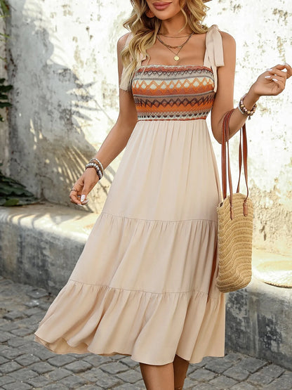 Tiered Tie Shoulder Midi Dress - -