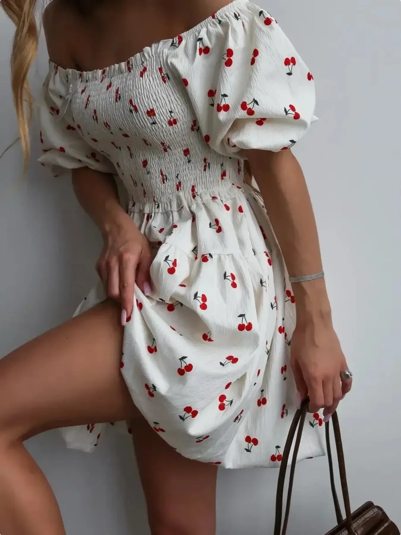 Puff Sleeve Cherry Print Smocked Mini Dress - -