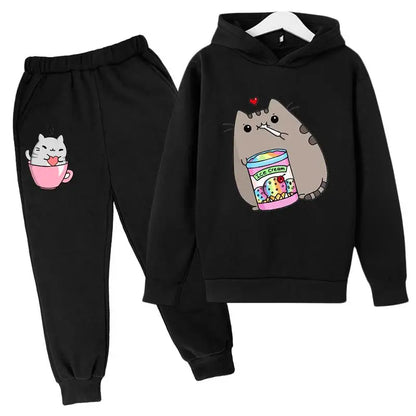 Cat Print Hoodie Clothing Sets dark black