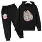 Cat Print Hoodie Clothing Sets dark black