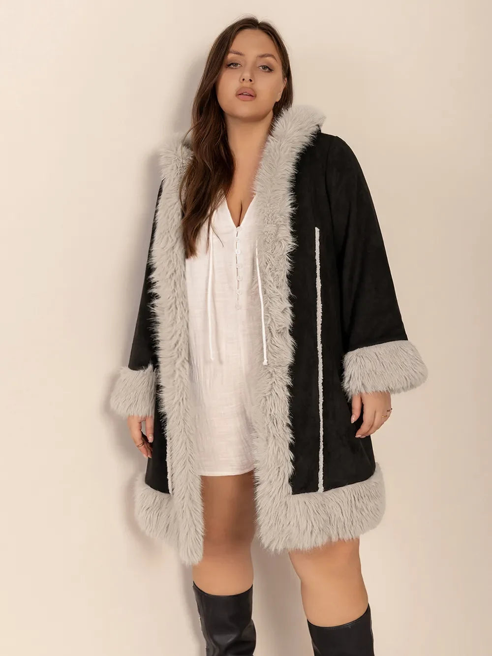 Plus Size Fuzzy Trim Open Front Long Sleeve Hooded Coat - -