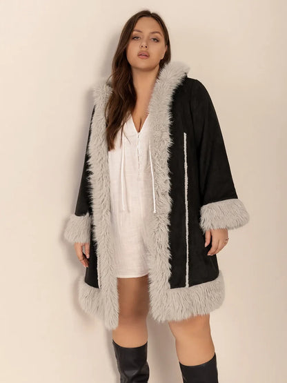 Plus Size Fuzzy Trim Open Front Long Sleeve Hooded Coat - -