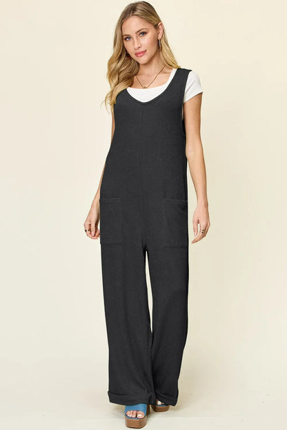 Double Take Full Size Texture Sleeveless Wide Leg Jumpsuit - Black -
