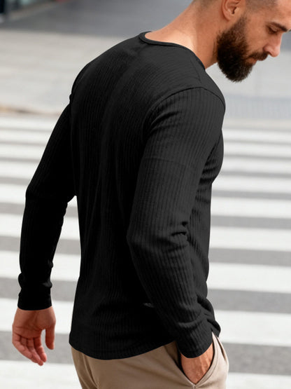 Men's Full Size Casual Ribbed Long Sleeve T-Shirt Plus Size - -