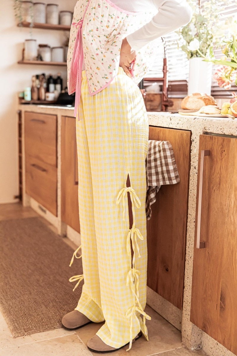 Loose Side Lace-up Casual Pants - Yellow Plaid - pants