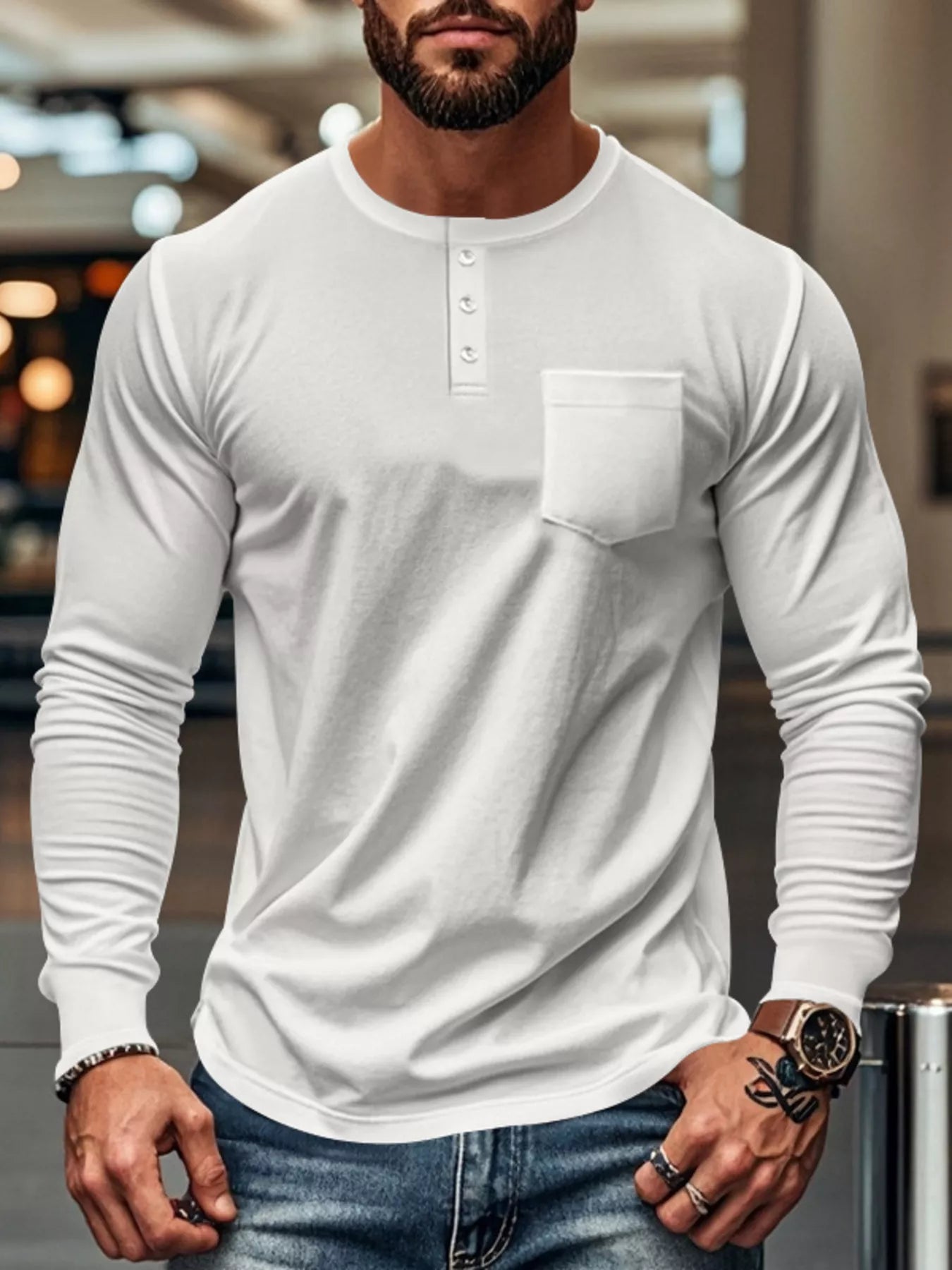 Men's Plus Size Casual Long Sleeve Henley T-Shirt with Pocket - White -