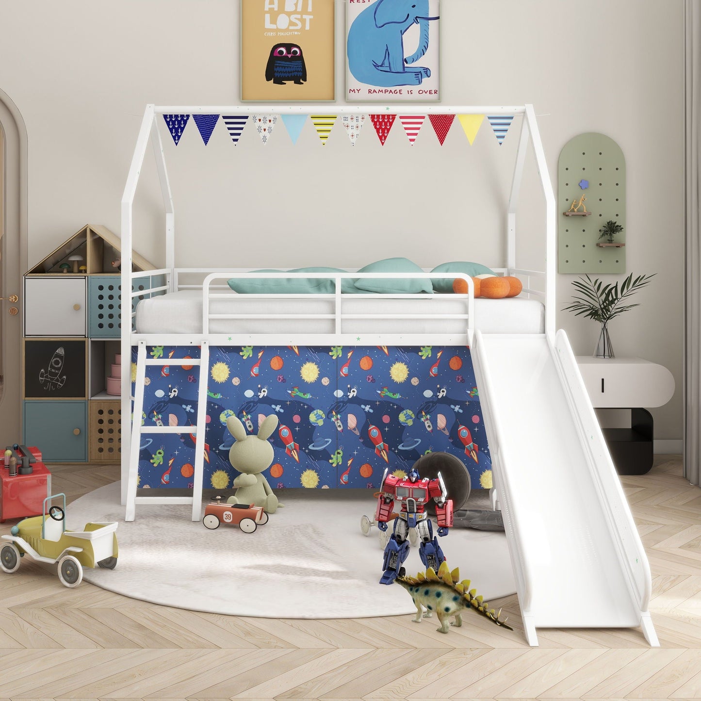 Jack - House Loft Bed With Slide And Curtain Set- HouseOfZazla- {{Product type}}