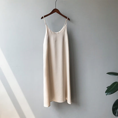 Silk Chiffon Vintage Long Dress with Spaghetti Straps - Apricot M - dress