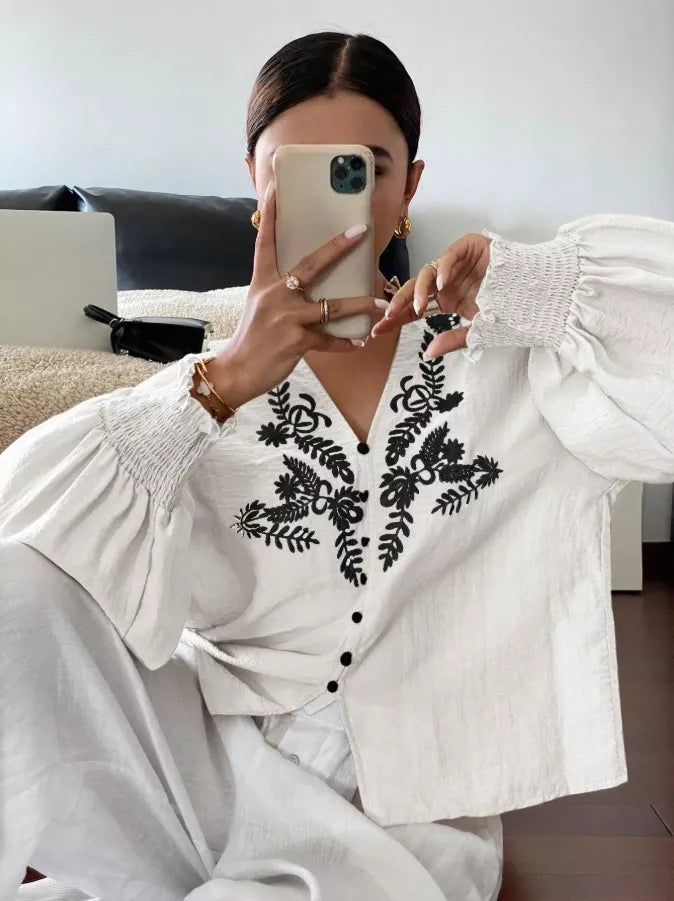Embroidered Notched Long Sleeve Blouse - White -
