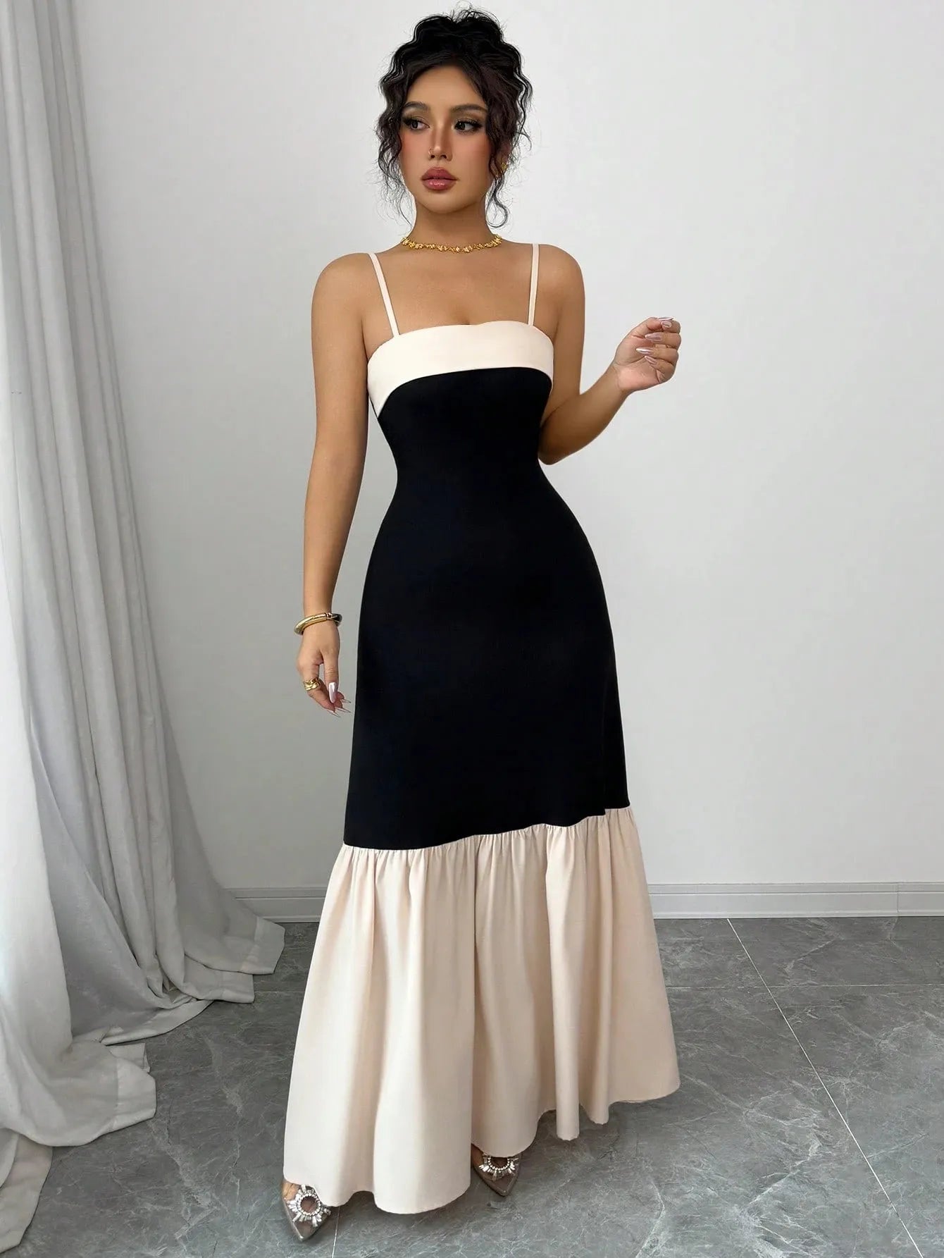 Two-Tone Spaghetti Strap Maxi Dress - -