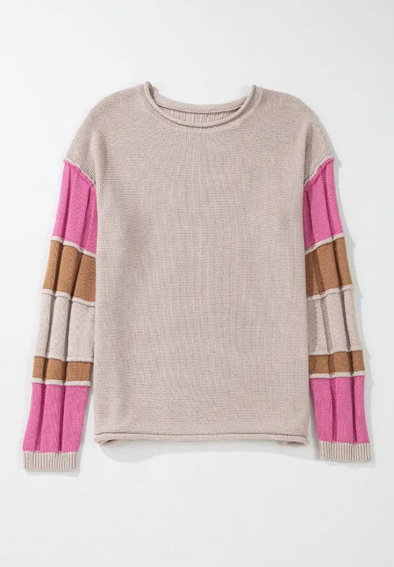 Color Block Round Neck Long Sleeve Sweater - -