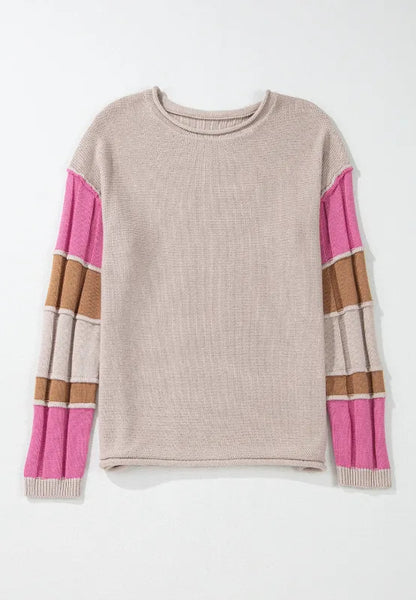 Color Block Round Neck Long Sleeve Sweater - -
