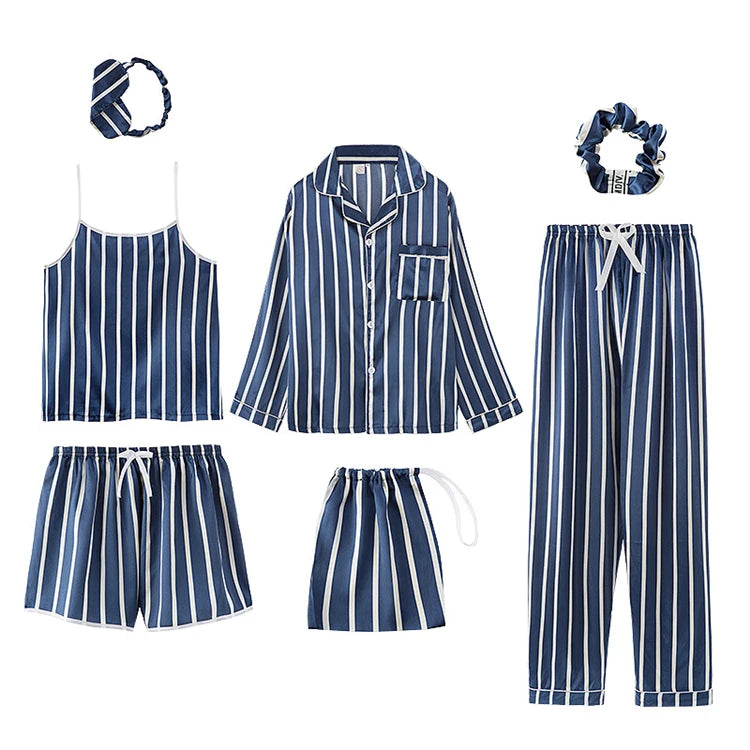 Fashion Stripe Printed 7 Pieces Set Women Silk Pajamas Long Sleeves Pajamas Set