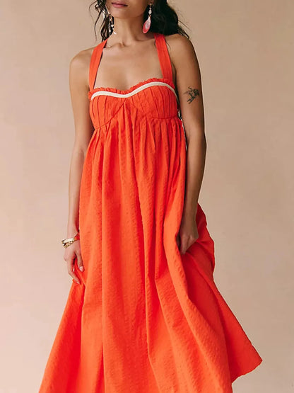 Sweetheart Neck Midi Dress - Orange -