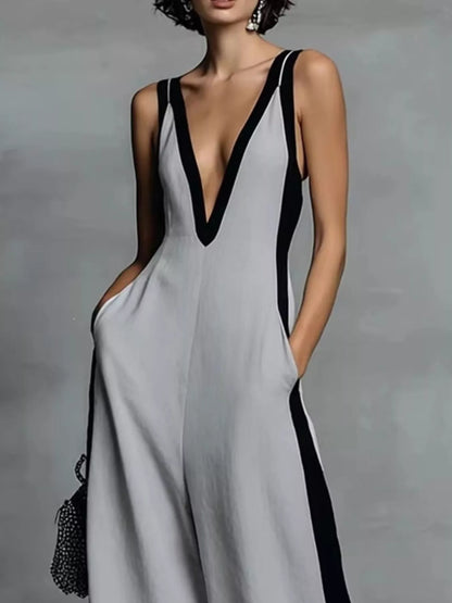 Deep V-Neck Wide-Leg Jumpsuit - -