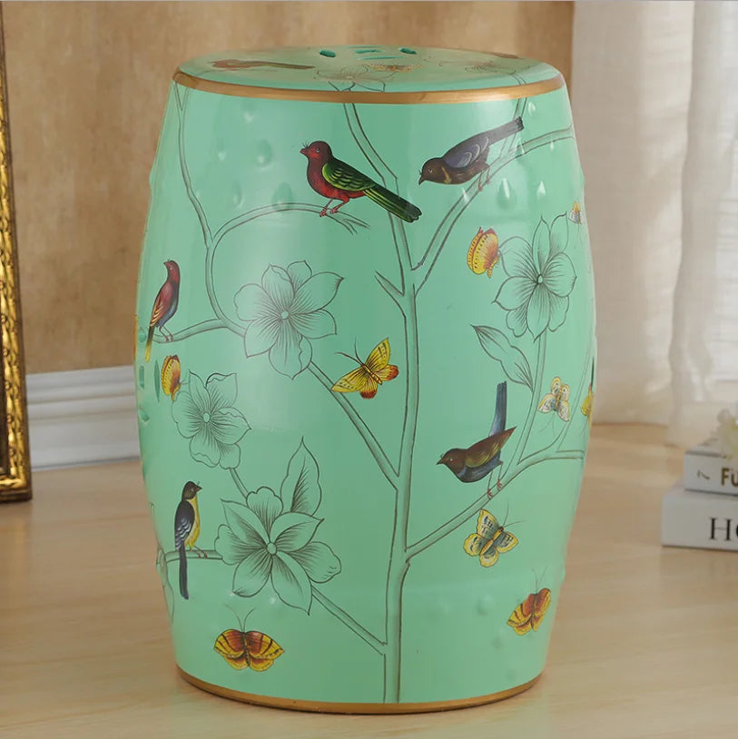 Decorative Drum Ceramic Stools Hand Painted Chinese Flower and Bird Pattern Art