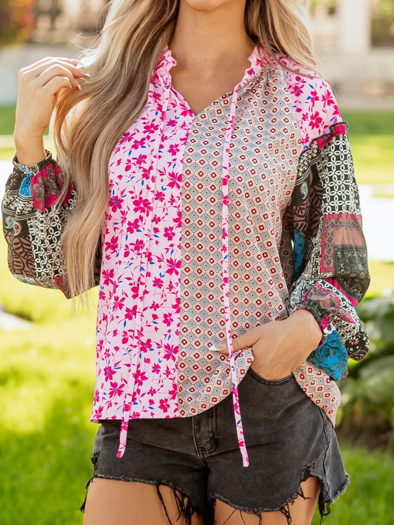 Boho Mixed Floral Drop Shoulder Bubble Sleeve Blouse - -