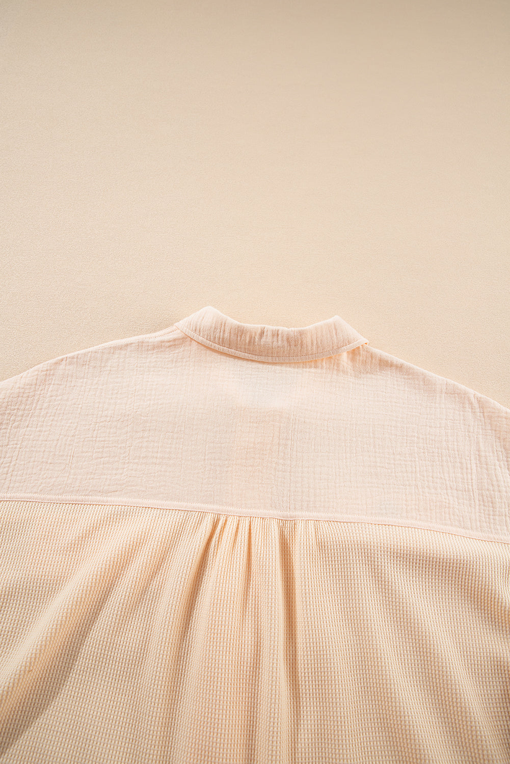 Beige Waffle Splicing Short Batwing Sleeve Flap Detail Shirt - - Tops/Blouses & Shirts