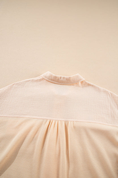 Beige Waffle Splicing Short Batwing Sleeve Flap Detail Shirt - - Tops/Blouses & Shirts