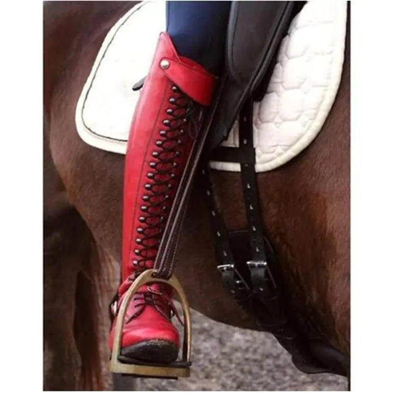 Knee-High Studded Lace-Up Chunky Heeled Boots - - heeled boots
