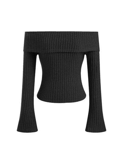 CIDER Off The Shoulder Sweater for Womens Fall Tops Sexy Long Sleeve Going Out Tops Knit Cropped Sweater Trendy Slim Fit: Black S Kia Day Design
