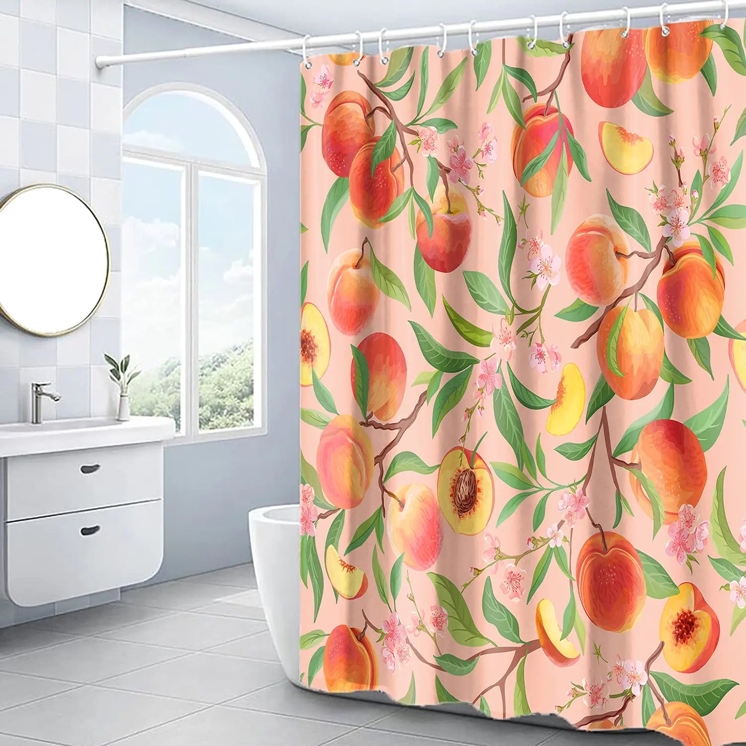 Pink Peach Waterproof Fabric Shower Curtain with 12 Hooks - Kia Day Design