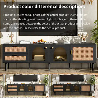 Rattan TV Stand With 3 Cabinets & 2 Drawers, Rattan-inspired Media Console Table For TVs Up To 80'', LED Light Entertainment Center, TV Cabinet For Living Room, Bedroom, Home Theatre - Kia Day Design
