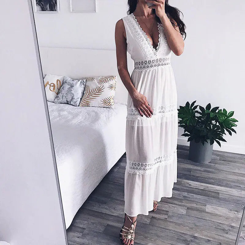 Deep V-Neck Lace Maxi Dress