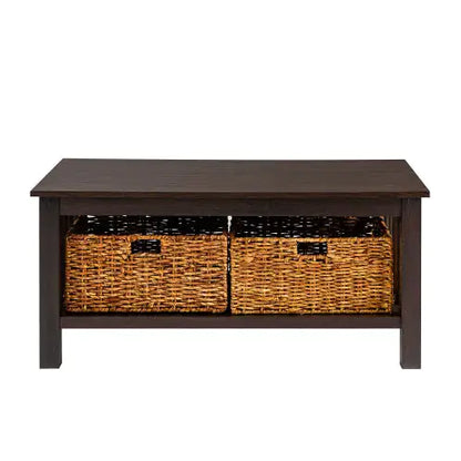 Coastal Coffee Table With Lower Shelf And Faux Rattan Baskets - Espresso - - table