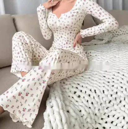 Floral Print Lettuce Edge Lace Collar Button Pajamas - Kia Day Design