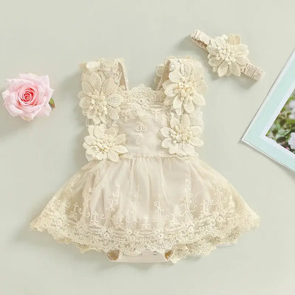 Sleeveless Infant Bodysuit With Headband Cream