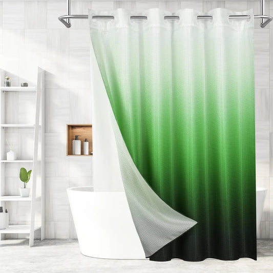 Emerald Green Ombre Long Shower Curtain No Hooks Needed Heavyweight Waffle Fabric with Snap-in Liner - Kia Day Design